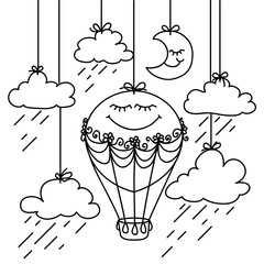  Black and white, hand drawn image of aerostat, clouds and crescent moon hanging in the sky.