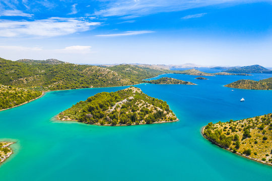 Aerial view of the blue bay and small islands in nature park Telascica, Croatia, Dugi otok island