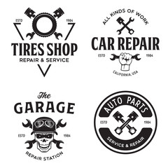 Fototapeta na wymiar Set of vintage monochrome car repair service templates of emblems, labels, badges and logos. Service station auto parts tires shop mechanic on duty.