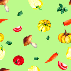 Watercolor pattern with fresh vegetables: tomatoes, peppers, pumpkins and fresh Basil. Bright illustration for Wallpaper, textiles, packaging and backgrounds on the theme of fresh food.