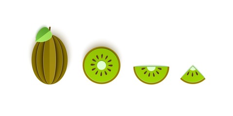 Set of kiwi sliced paper citrus fruit sliced whole triangular and round slices, design for any purpose. Summer green kiwifruit juicy food. Vector card 3d illustration. Tropical papercraft layers fruit