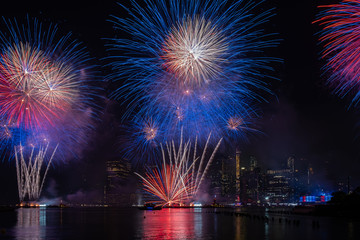Macy's 4th of July Independence Day Fireworks show on east river with Lower Manhattan Skyline