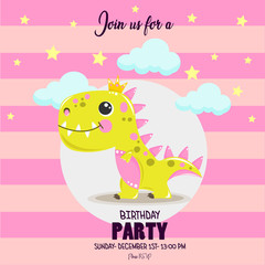 Cute baby girl dinosaur. Birthday invitation