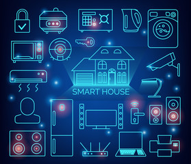 Smart home automation vector background. Connected smart home devices like phone, smart watch, tablet, sensors, appliances. Network of connected devices with flat design.