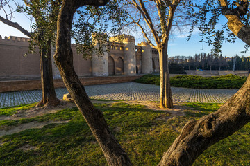 Scenic view of at sunset Aljaferia Palace between trees, Zaragoza, Aragon, Spain