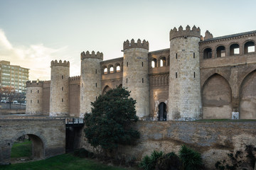 Exterior facade of  Aljaferia Palace in Zaragoza, and UNESCO World Heritage Site, built in 11th...