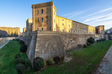One of the four Neo Gothic towers part of Aljaferia Palace, Zaragoza, Aragon, Spain