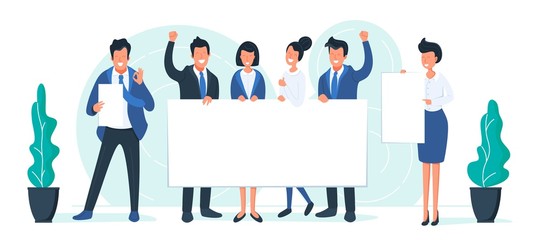 Business smiling people with white sheets. Happy Office characters with banners. Success and team working concept. Vector illustration, cartoon flat funky people.