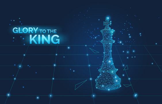 glory to the king sign and low poly chess king on chess board, business strategy and leadership symbol dark vector illustration.