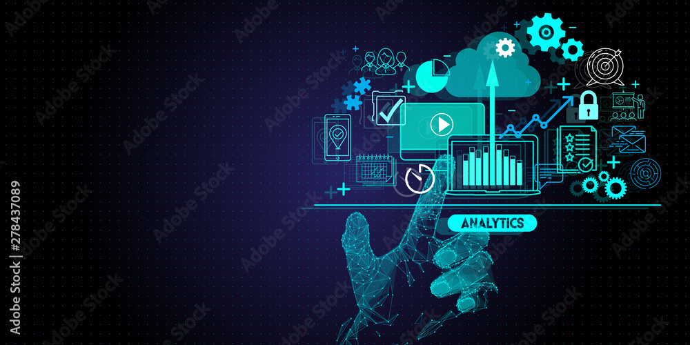 Fototapete Low polygon hand touching Business data analytics process management with KPI financial charts and graph and automated marketing dashboard.