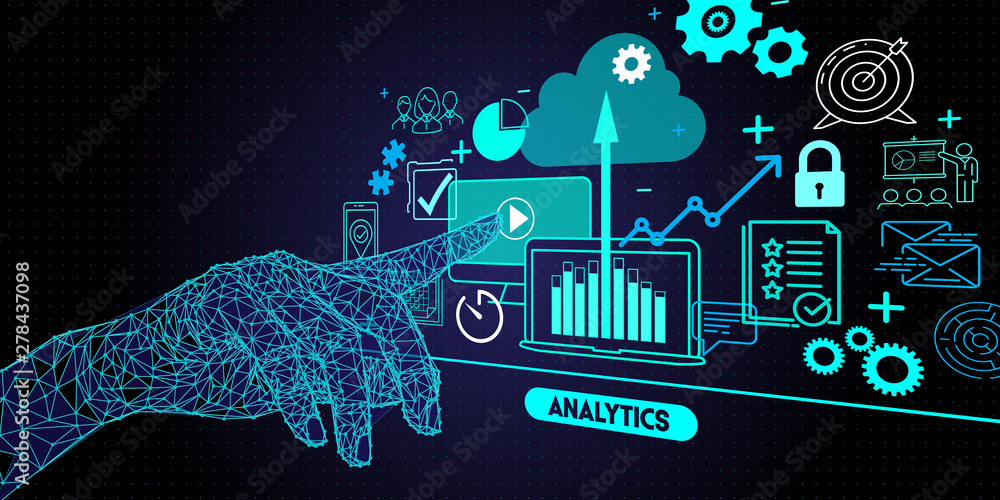Poster Low polygon hand touching Business data analytics process management with KPI financial charts and graph and automated marketing dashboard.