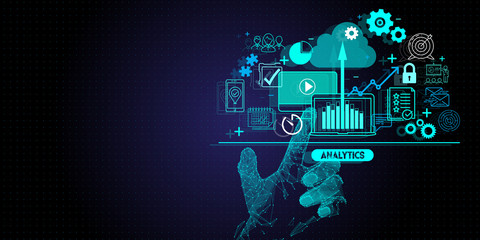 Low polygon hand touching Business data analytics process management with KPI financial charts and graph and automated marketing dashboard.