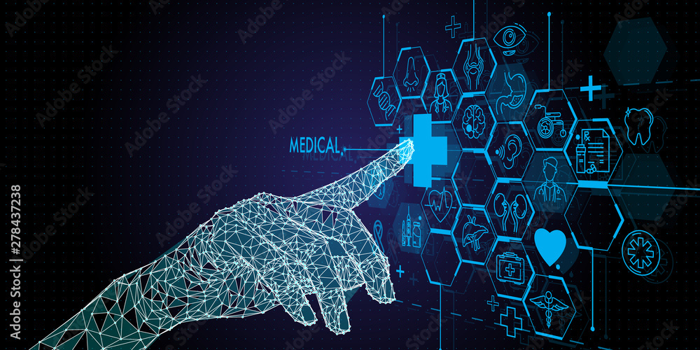 Poster low polygon doctor hand with stethoscope and ui icon medical in hospital with medical technology net