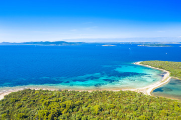 Fototapeta na wymiar Beautiful seascape on Adriatic in Croatia, Dugi otok archipelago, yachts anchored in blue bays