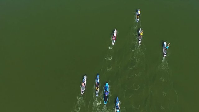 aerial top down shot of stand up paddle competition on dark green water