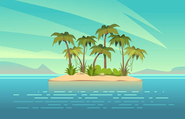 Fototapeta na wymiar Ocean island cartoon. Tropical island with palm trees summer landscape. Sand beach and sun in blue sky. Travel vacation vector template