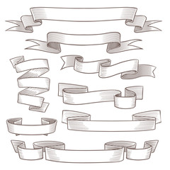 Sketch vintage banners. Hand drawn different ribbons, antique swirl scrolls. Flags, paper borders outlines doodle vector templates