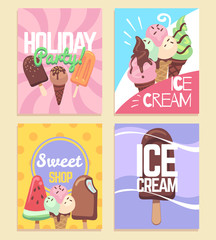 Ice cream banners. Summer desserts caramel sundae waffles, kids sweet cafe menu, holiday party flyers. Vector sale posters templates