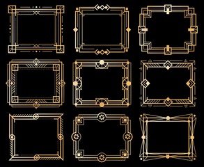Art deco frames. Gold deco image frame borders, golden geometry line patterns. 1920s vintage luxury art elements. Vector isolated set