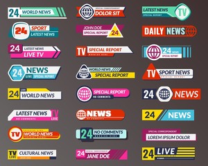 Tv title. Broadcasting banner graphic interfaces, tv streaming lower bar. Breaking, fake and sport news screen header vector templates
