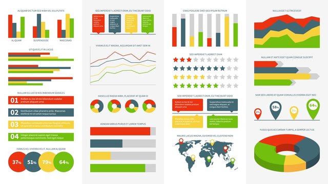 Infographics elements. Info charts, diagrams and graphs. Flowchart and timeline for business report presentation vector infographic