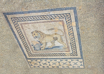 Archaeological remains with decorative tile floors in a hillside house on the slopes of the ancient city ruins of Ephesus, Turkey near Selcuk.