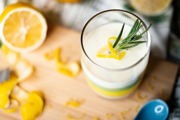 White chocolate and lemon layer pudding.