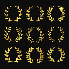 Gold wreaths. Wreath silhouettes vector isolated on black background. Illustration of laurel wreath, achievement heraldry label