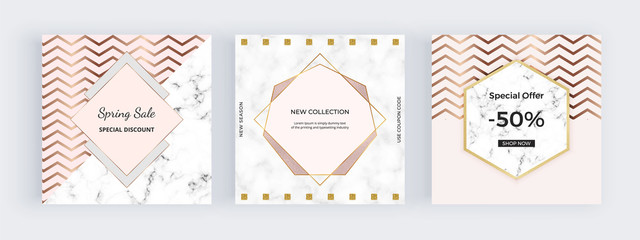 Naklejka premium Fashion promotion social media banners with geometric design, triangular, golden polygonal lines on the marble texture. Modern background for wedding invitation, card, flyer, poster, save the date