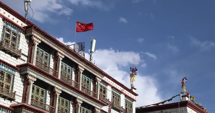 A Chinese flag blows in the wind in the TIbet Autonomous Region, an area strictly controlled by the Chinese Communist Party.