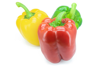 Yellow, Red, Green, bell pepper or sweet pepper or capsicum isolated on white background with clipping path..