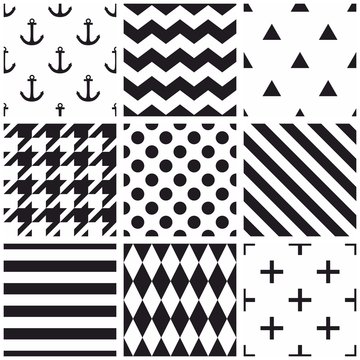 Tile black and white vector pattern set with polka dots, hounds tooth, zig zag and stripes background