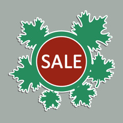 A sticker image in a form of a circle with green maple leaves of different sizes, a white outline and a writing 