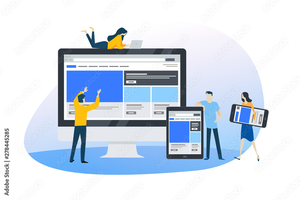 Poster flat design concept of web design and development, responsive design, seo. vector illustration for w