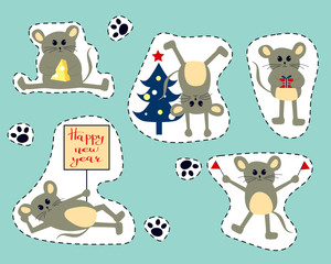 Vector illustration with  cartoon mice - symbol of the Chinese new year 2020. Mice with Christmas attributes in the form of stickers. Art can be used for holiday invitation, postcard, poster, packing.