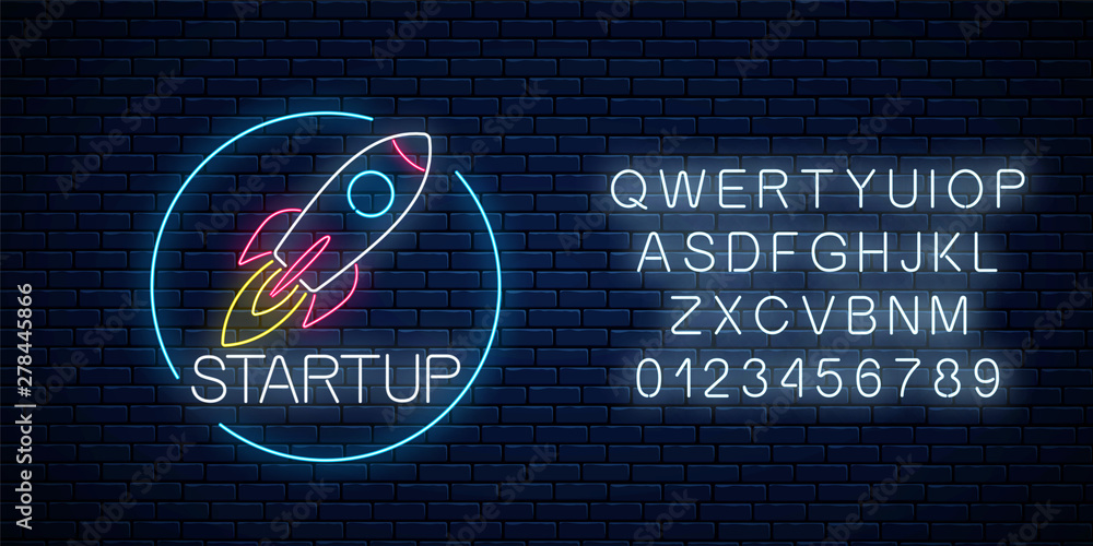 Wall mural glowing neon sign of business project startup with alphabet. business fast start symbol flying rocke