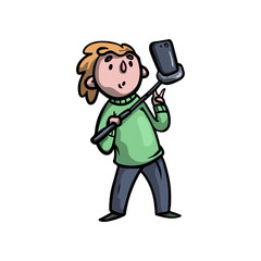 Cute red hair boy in green sweater make selfie