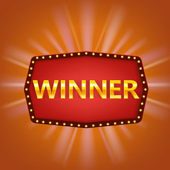 Winner retro frame label banner template. Win congratulations vintage frame with glowing lamps