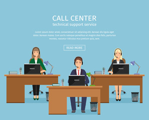 Web banner of call center with three woman employee on working places in office with simple text and button template.