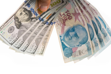 100 turkish liras and dollars on white  background