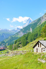 Obraz premium Traditional mountain hut in Swiss Alps close to picturesque Zermatt, Switzerland. Famous Matterhorn mountain in background. Alpine landscape in summer. Beautiful nature. Tourist destination