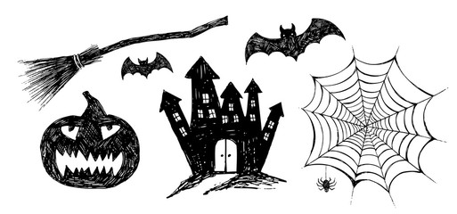 Halloween symbols hand drawn illustrations