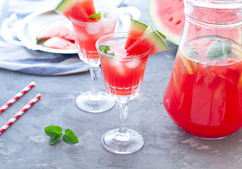 Watermelon cocktail with lemon and mint. Refreshing lemonade close up