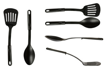 Black plastic kitchen utensils, set and collection.