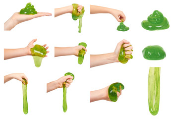 Hand with slime toy for kids, fun and education, set and collection.