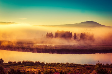 Sunrise over spring meadow. Spring aerial landscape. Spring sunrise over green forest and field with river and fog