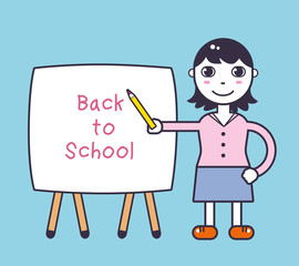 Woman teacher showing on a white board, back to school vector illustration.