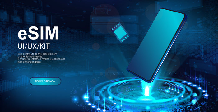 eSIM and Smartphone hologram. Presentation banner, Holographic projection with isometric smartphones. eSIM card chip sign. New mobile communication technology. Vector illustration banner sim card