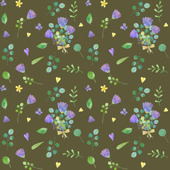 seamless pattern with cute watercolor illustration of stylized flowers.