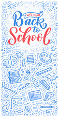 Welcome back to school lettering quote and doodle background. Template for sale tag. Hand drawn badge. Education concept. Typography emblem.